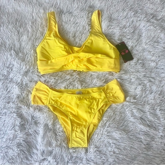 Nwt SHEKINI Twist Front Yellow Lace Up Bikini Ruched Bottoms - Picture 4 of 16